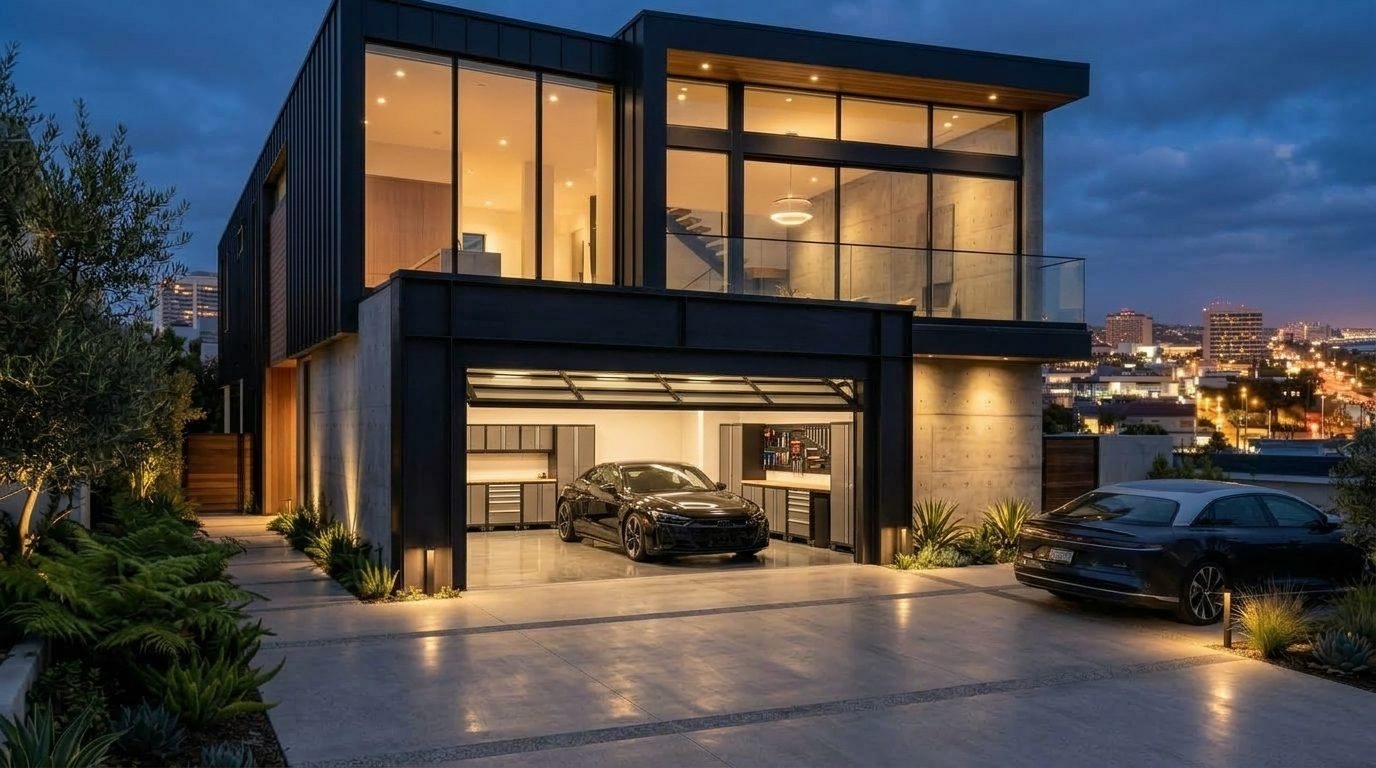 Sami Premier Garage Door Garage Door Gliding Open Revealing Warm Illuminated Interior